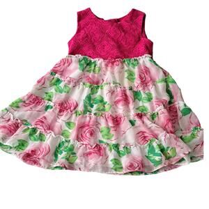 Girl's Youngland Pink And Green Ruffled Dress With Crochet Top Size 6X